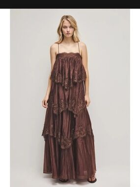 Ophelia Brown Tiered Lace-Trim Maxi Dress